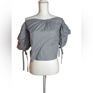 Active USA Open Shoulder Navy/White Striped Blouse with Bubble Sleeves Size S